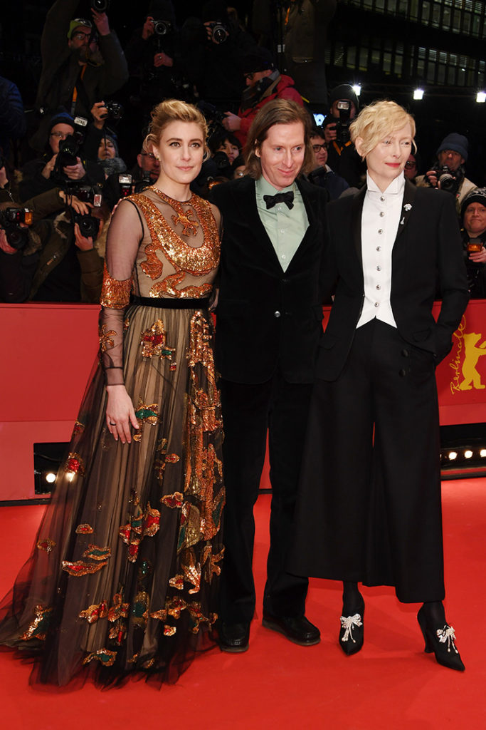 BERLIN, GERMANY - FEBRUARY 15: Greta Gerwig; Wes Anderson and Tilda Swinton attend the Opening Ceremony & 'Isle of Dogs' premiere during the 68th Berlinale International Film Festival Berlin at Berlinale Palace on February 15, 2018 in Berlin, Germany. (Photo by Pascal Le Segretain/Getty Images)